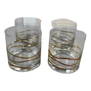 Fitz And Floyd Cocktail Collection 4 Double Old Fashion Gold Waves Glasses